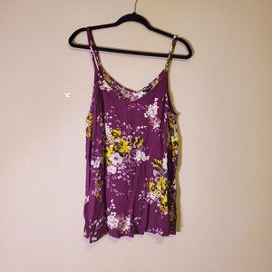 Purple V-Neck Tank Top with Floral Design and Adjustable Straps